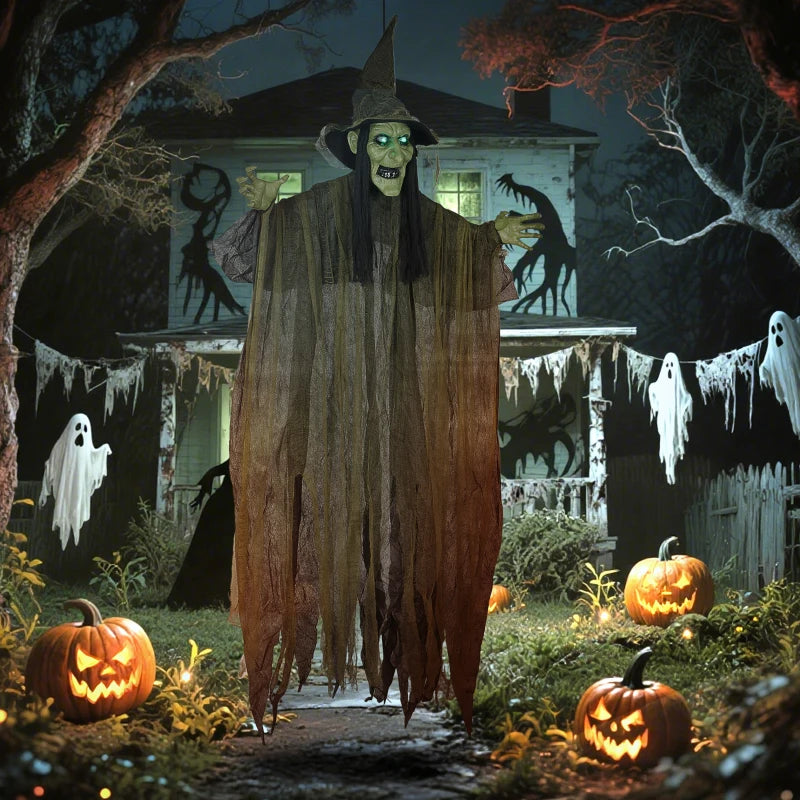 170 cm Life Size Animated Witch with Glowing LED Eyes - Spooky Halloween Decoration, Battery Operated Indoor Party Prop