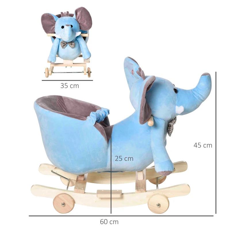 2-in-1 Plush Baby Rocking Horse Elephant with Wheels - Wooden Toy for Kids, 32 Songs, Ages 18+ Months (Blue)