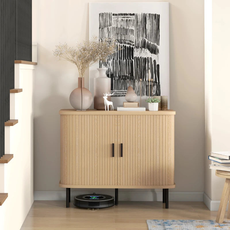 Mid-Century Modern Sideboard Storage Cabinet with Sliding Doors and Steel Legs in Oak Tone