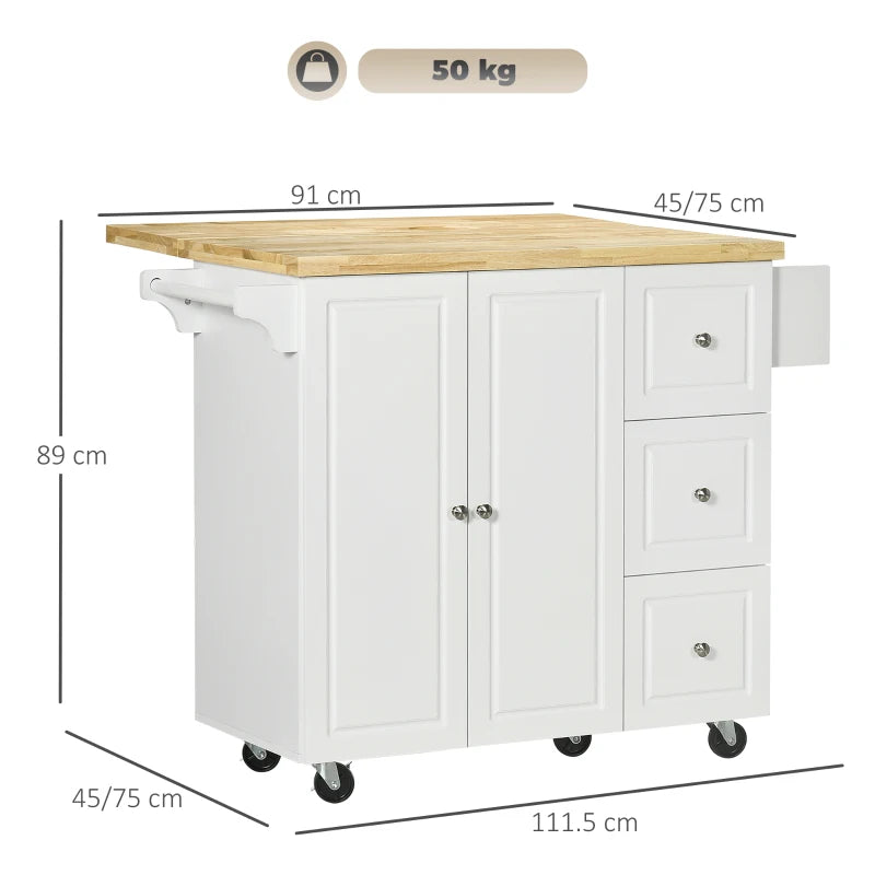 Drop-Leaf Kitchen Island on Wheels - Extendable Rubber Wood Worktop, Rolling Storage Trolley with Drawers & Cabinet, White