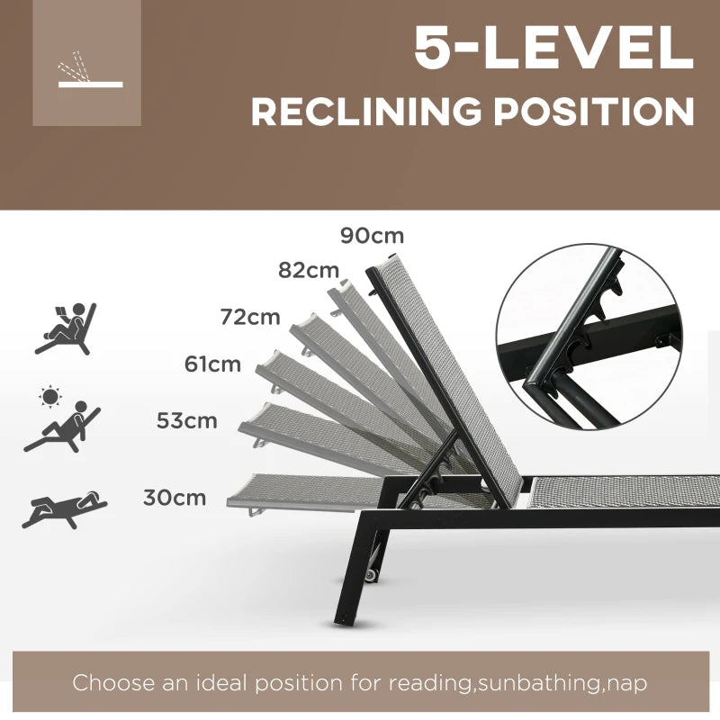 Brown Rattan Patio Sun Lounger with 5-Position Backrest and Wheels