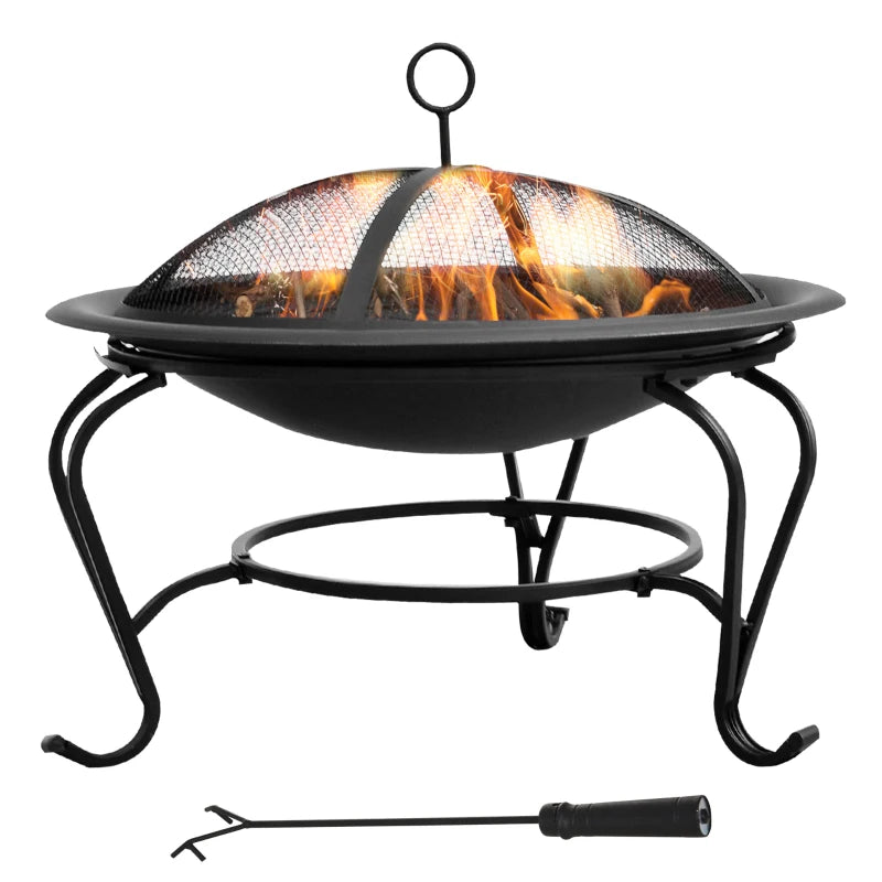 Metal Fire Pit Bowl - Round Outdoor Fire Pit with Lid, Log Grate & Poker for Backyard BBQ & Camping - 56cm
