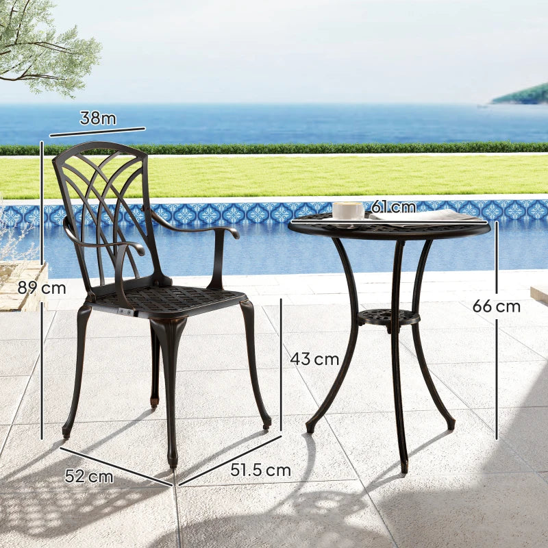 3 Pieces Bronze Tone Garden Dining Set for 2 - Cast Aluminium Outdoor Dining Set with 2 Armchairs and Round Table with Parasol Hole