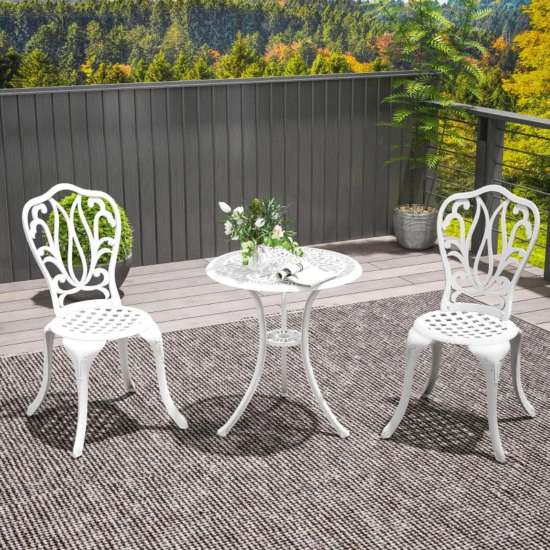 3 Piece White Cast Aluminium Garden Bistro Set with Umbrella Hole for Balcony, Porch, Patio - Outdoor Furniture