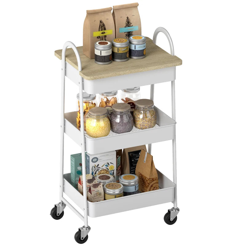 3-Tier Kitchen Storage Trolley on Wheels with Cover Top Board - Stylish White and Oak Design for Easy Organization
