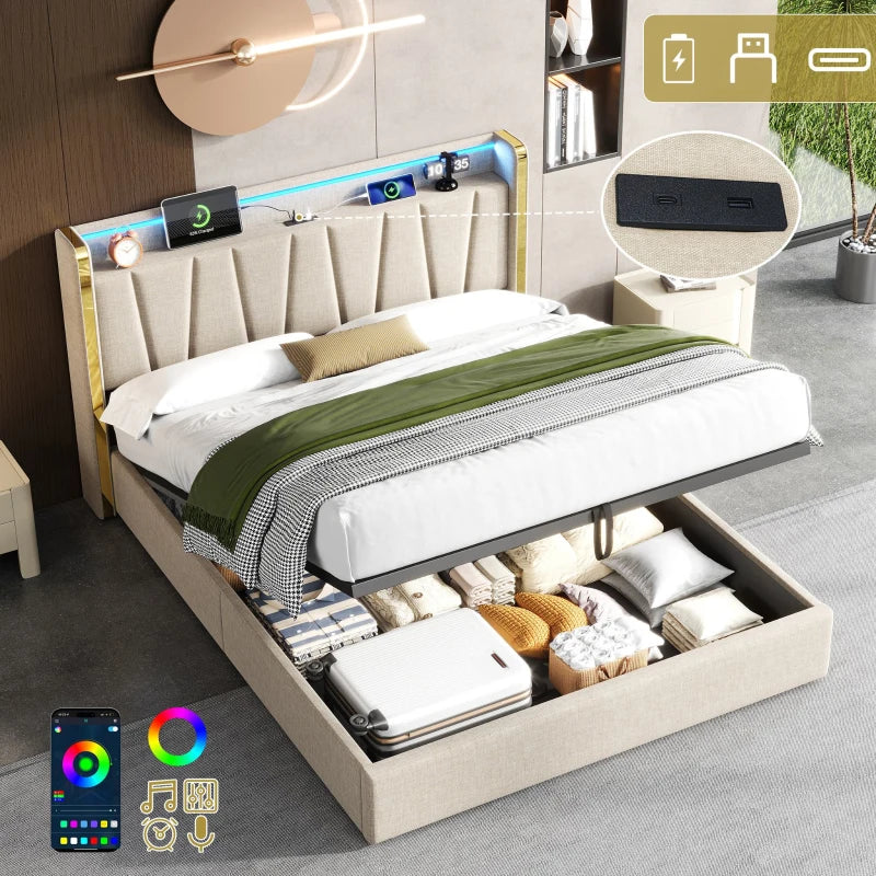 Double Upholstered Bed Frame with Hydraulic Storage and LED Headboard USB Type-C Charging Beige