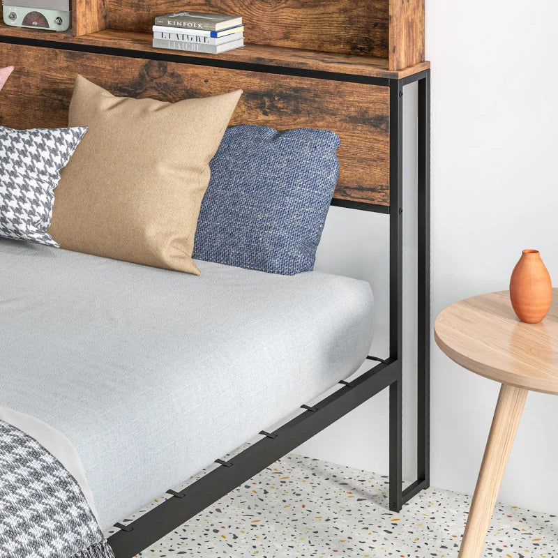 Industrial Style Double Bed Frame with Storage Headboard and Slatted Support 141x207cm Rustic Brown