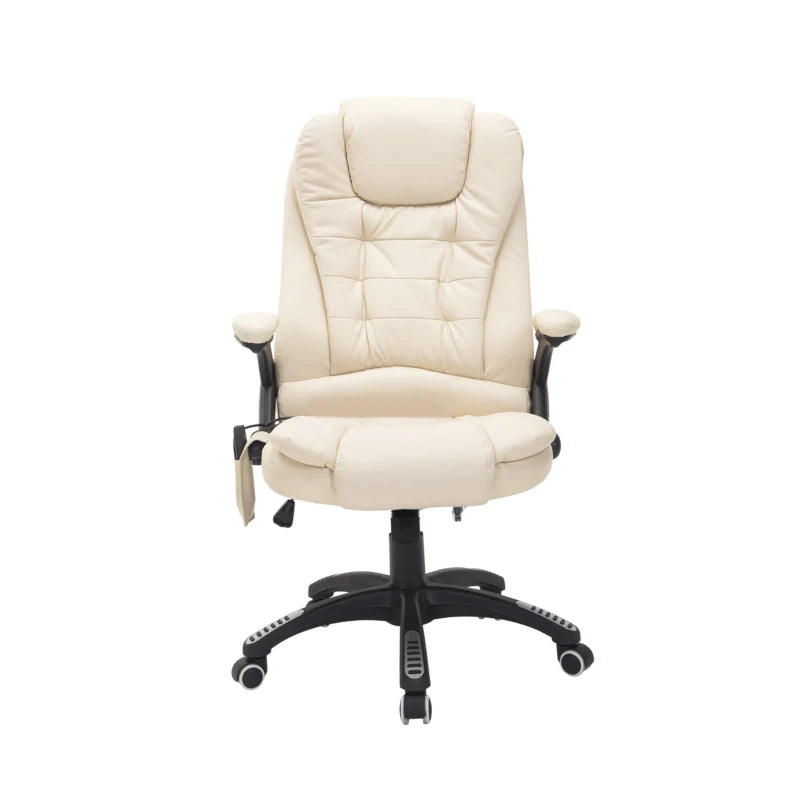 Beige 6-Point Massage Office Chair with Heated Seat - PU Leather High Back Executive Desk Chair, Adjustable Height & 360° Swivel