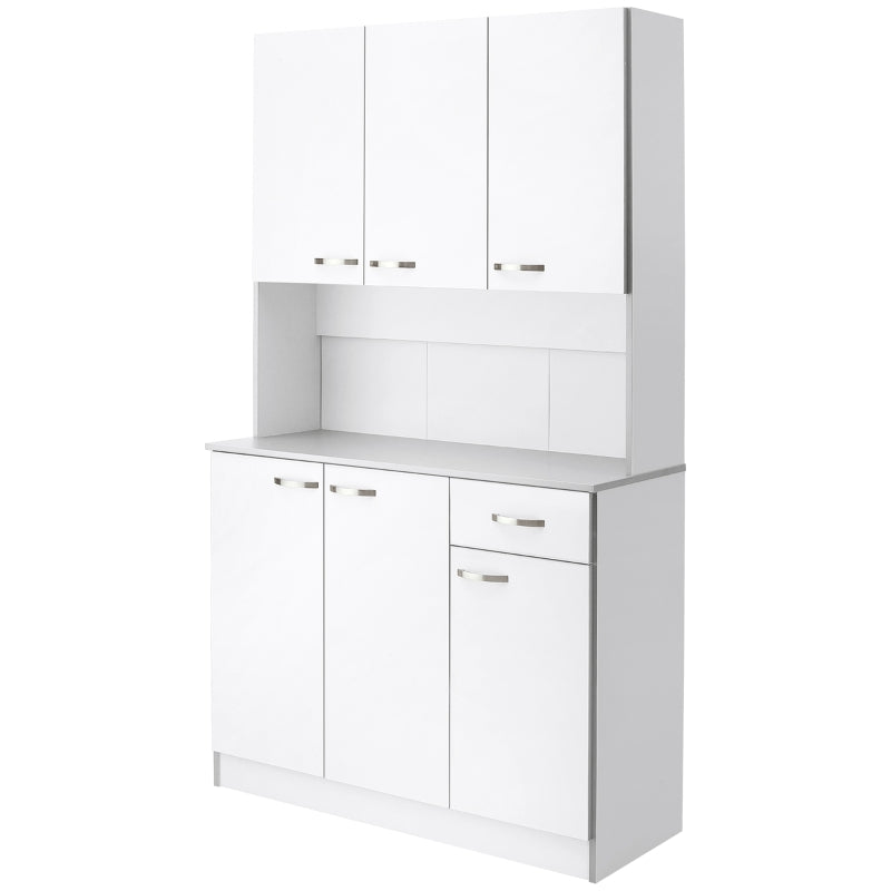 Freestanding White Kitchen Storage Cabinet with 6 Doors Adjustable Shelves and Open Countertop