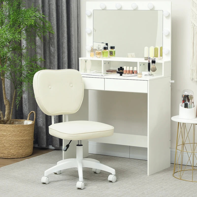 Vinsetto Cream PU Leather Vanity Office Chair - Adjustable Height, Armless Design, Swivel Wheels for Home & Office Use