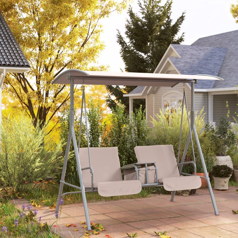 Beige 2-Seater Garden Swing Chair with Tilting Canopy, Double Padded Seats, Storage Bag and Tray