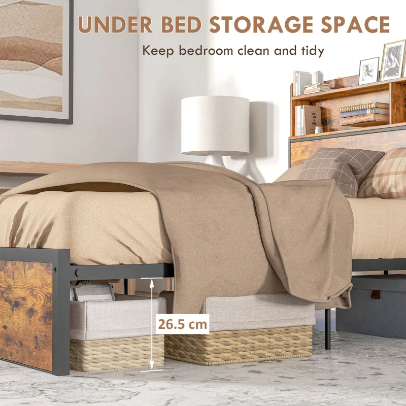 Industrial Style Double Bed Frame with Storage Headboard and Slatted Support 141x207cm Rustic Brown