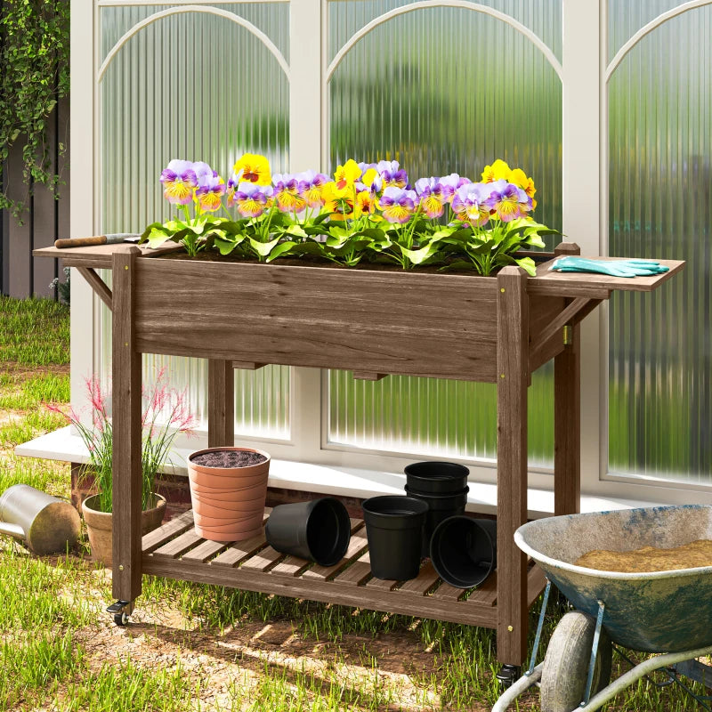 Wooden Elevated Planter Box with Lockable Wheels, Side Tables, and Bottom Shelf - Carbonised 120cm Garden Bed for Vegetables, Flowers, and Fruits