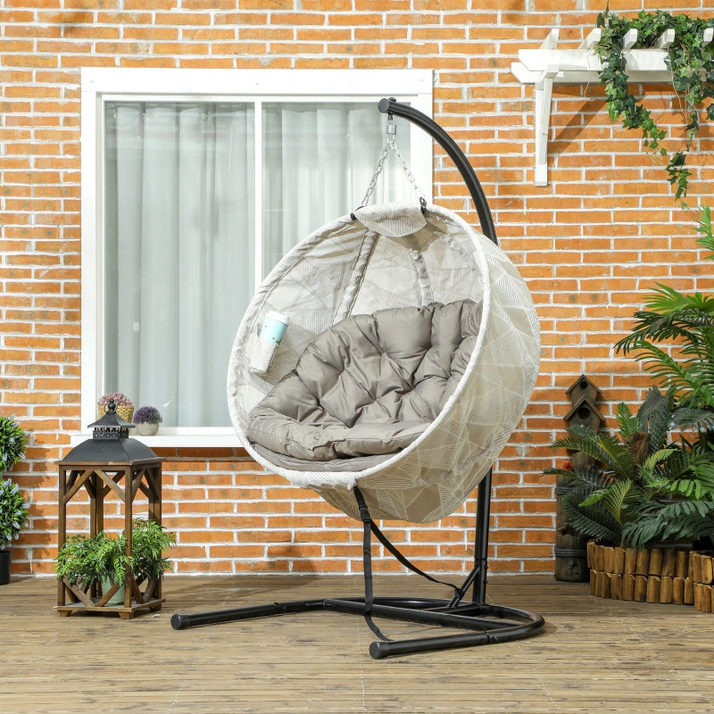 Hanging Egg Chair - Outdoor Indoor Garden Swing Chair with Folding Basket, Thickened Cushion, Cup Holder - Sand Brown - Perfect for Patio and Balcony