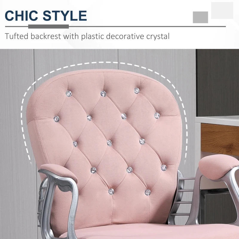 Vinsetto Pink Velvet Office Chair - Swivel Desk Chair with Adjustable Height & Rolling Wheels for Home & Study
