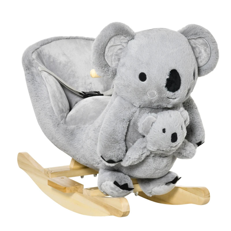 Kids Toddler Plush Rocking Horse Koala Ride-On with Wooden Base & Safety Belt - Soft Doll Toy for 18-36 Months Grey