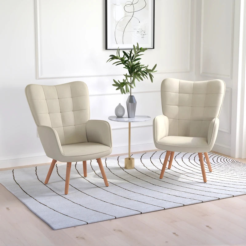 Modern Velvet Accent Chair Set of 2 - Tufted Wingback Armchairs, Cream White Upholstered Lounge Chairs with Wood Legs