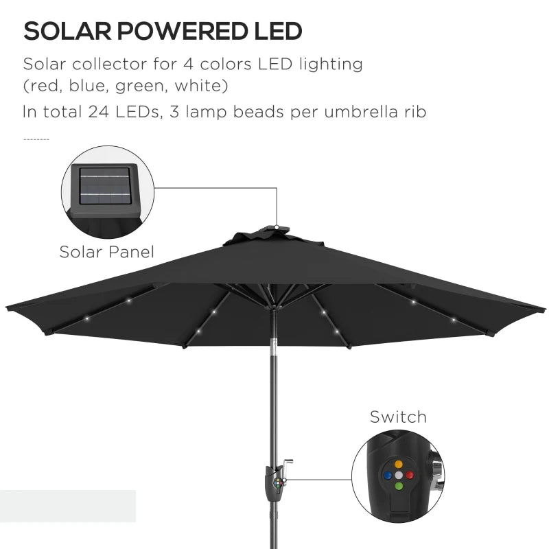 Black Solar LED Garden Parasol with Tilt Function - 2.7m