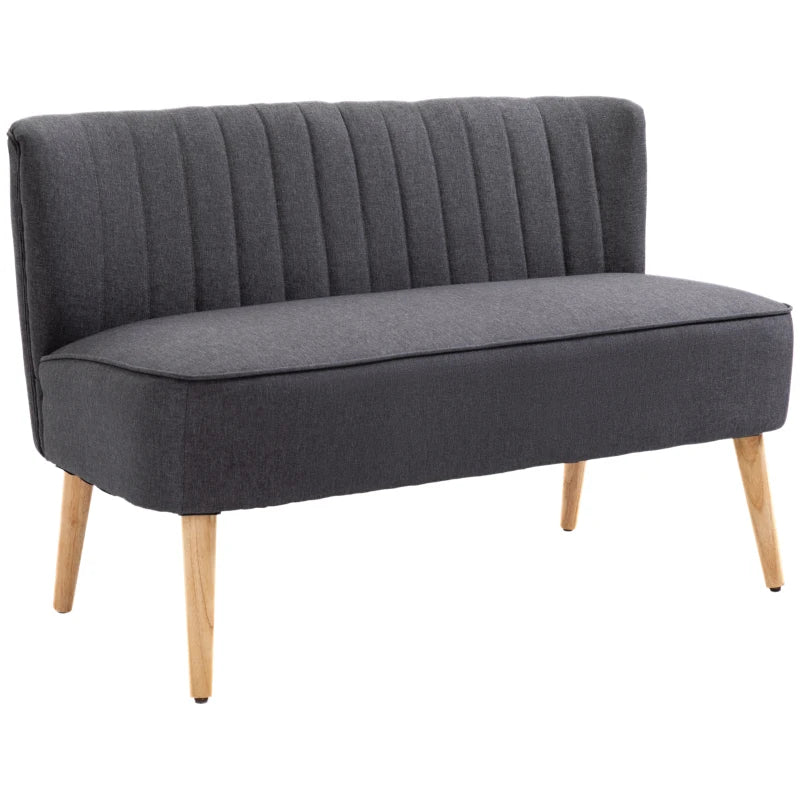 Modern Compact Double Seat Sofa Loveseat in Dark Grey with Padded Linen and Wooden Legs
