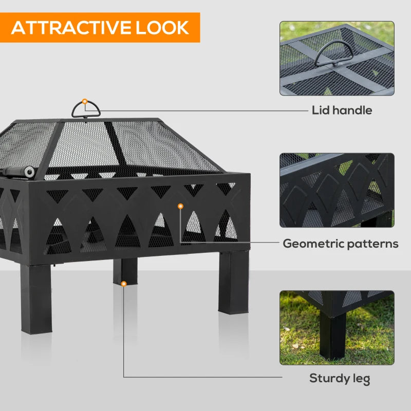 66cm Black Outdoor Fire Pit with Screen Cover & Poker - Wood Burning Firepit Bowl for Patio & Backyard