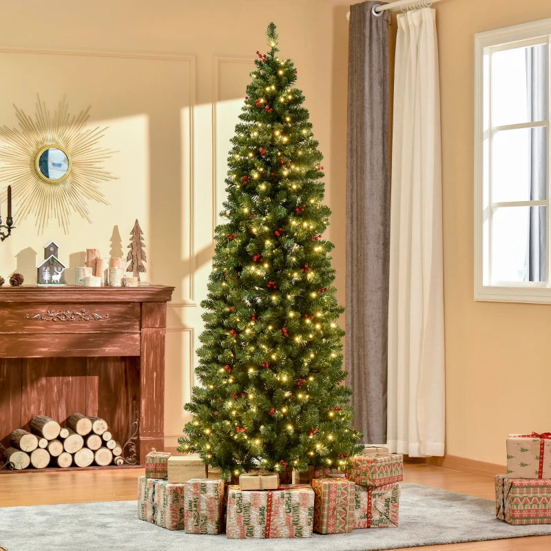 7FT Prelit Artificial Pencil Christmas Tree with Warm White LED Lights & Red Berries - Festive Holiday Home Decoration