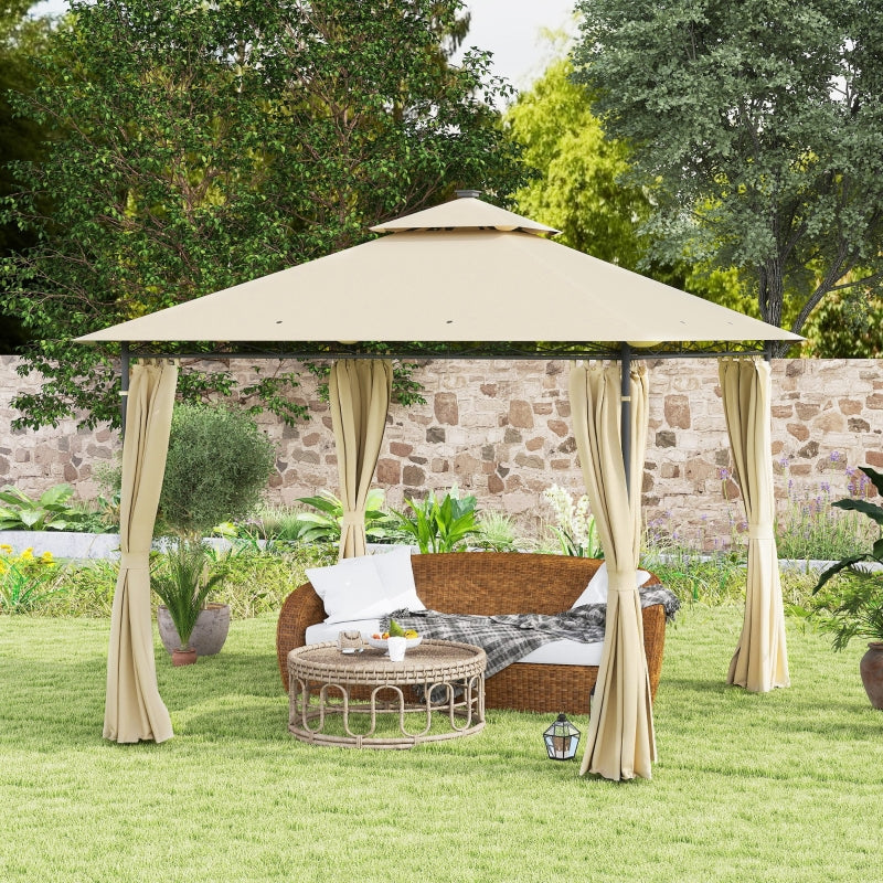 3m x 3m Beige Garden Gazebo with Double Roof, Metal Frame, Curtains & Solar-Powered LED Lights - Outdoor Canopy Shelter for Patio & Decking