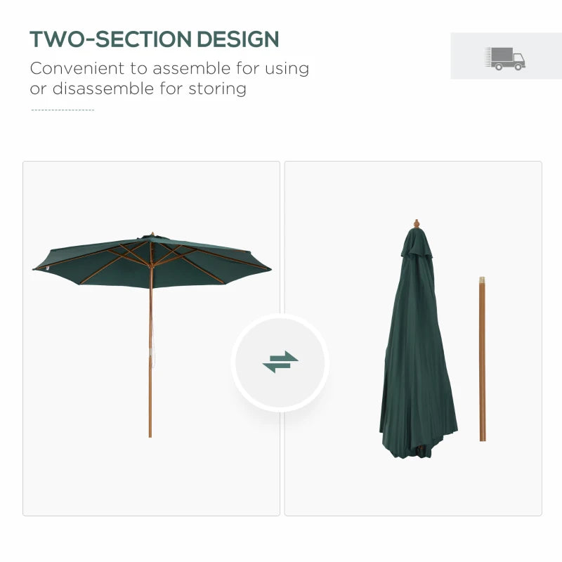 Dark Green 3m Wooden Patio Umbrella with Pulley Mechanism