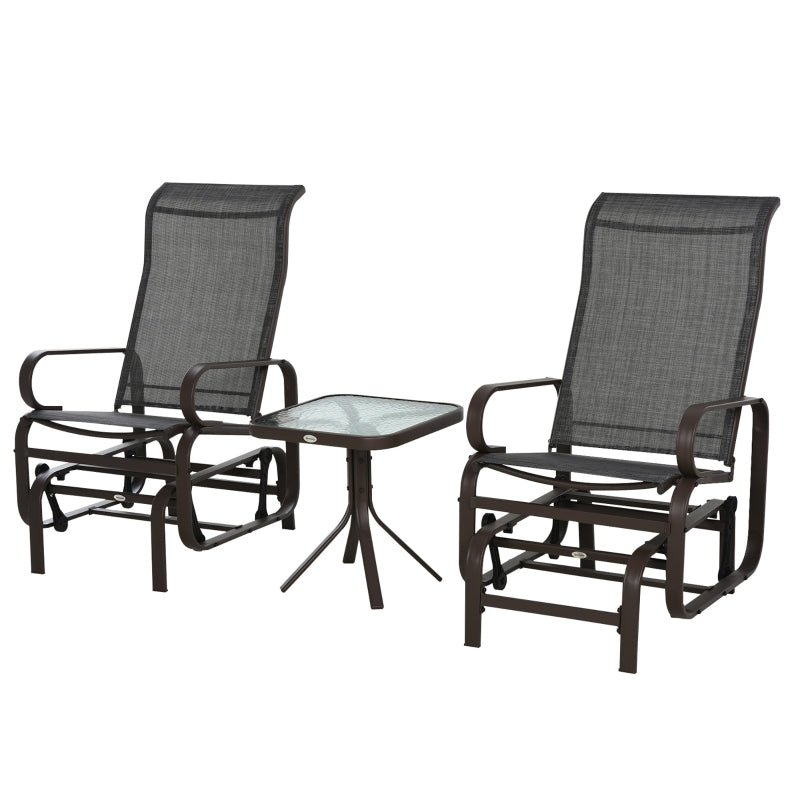 Brown 3-Piece Metal Frame Gliding Chair Set with Glass Top Coffee Table