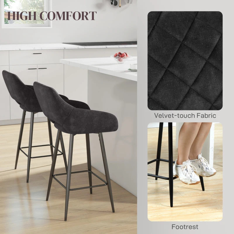 Set of 2 Grey Velvet-Feel Bar Stools - Stylish Modern Seating for Kitchen Island or Home Bar
