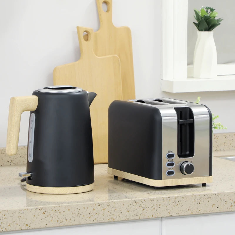 Stainless Steel Kettle & Toaster Set - 1.7L Fast Boil Kettle 3000W & 2 Slice Toaster with 7 Browning Levels, Black