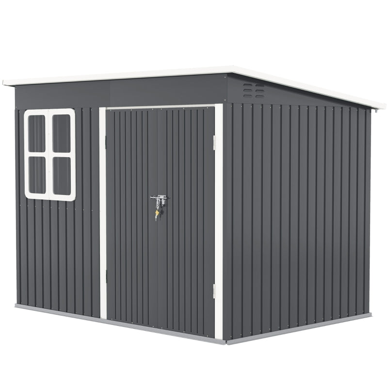 8.5 x 6ft Dark Grey Galvanised Steel Storage Shed - Metal Garden Shed with Foundation Kit, Window, Lockable Wide Doors & Air Vents for Outdoor Patio