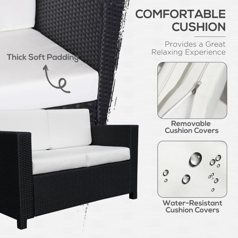 Black Rattan 2 Seater Garden Sofa with Soft Padded Cushions and Armrests - Wicker Loveseat for Patio