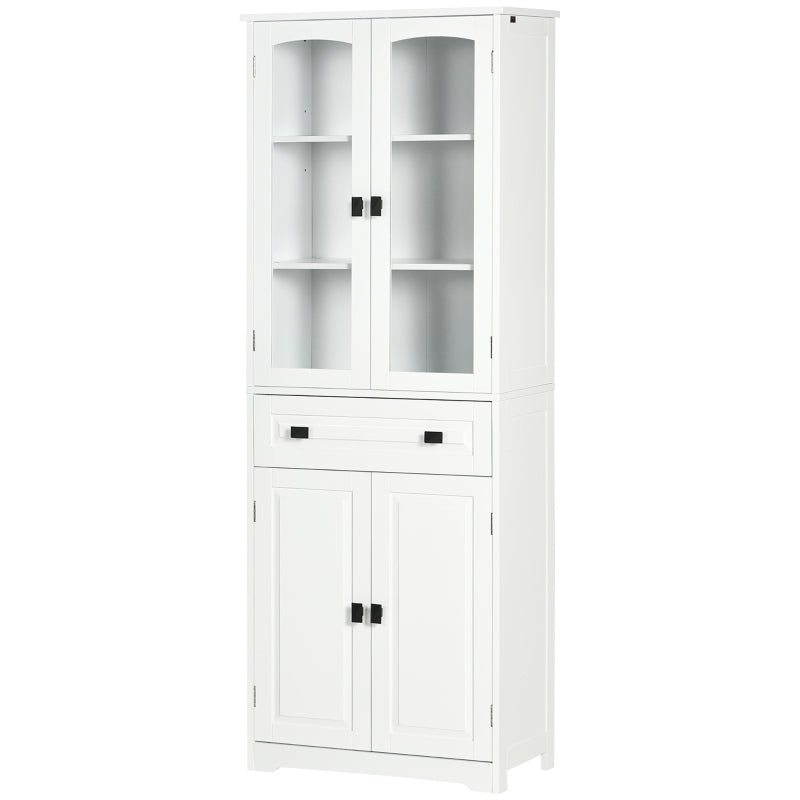 Stylish White Freestanding Kitchen Cupboard - 160cm Storage Cabinet with Glass Door, 2 Adjustable Shelves & Drawer for Living Room/Dining Room