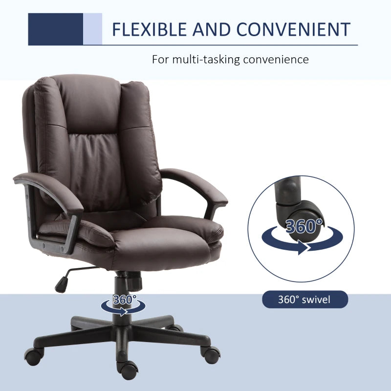 Brown PU Leather Mid Back Office Chair - Adjustable Height, Swivel Rolling Wheels - Ideal for Home Study & Computer Desk
