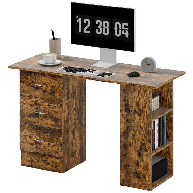 Rustic Brown Computer Desk with 3 Storage Shelves & Drawers, Stylish Writing Table for Home Office, Silver Handle PC Workstation