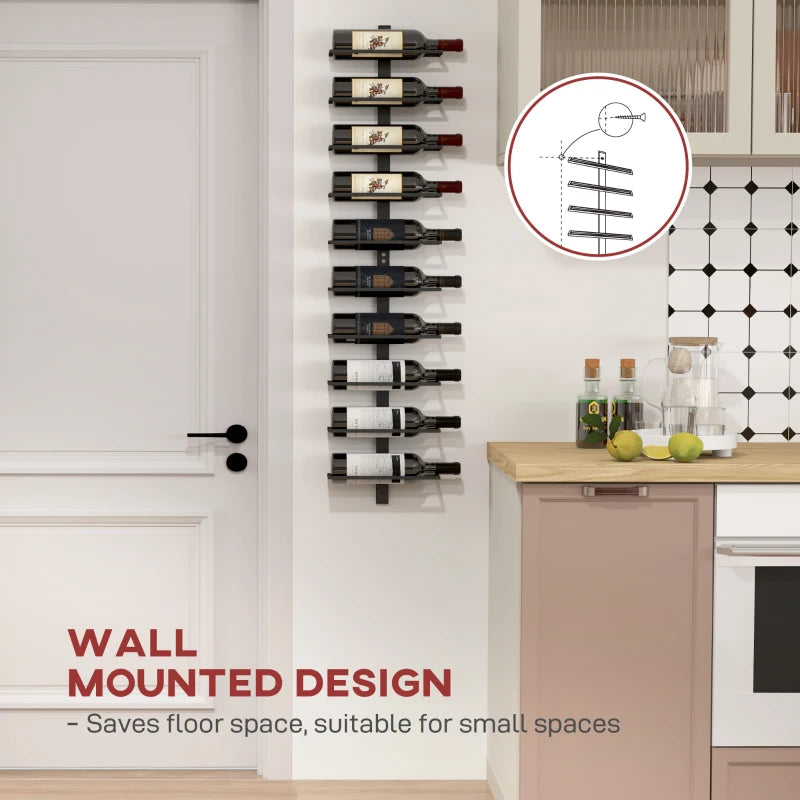 10-Tier Wall Mount Wine Rack - Steel Wine Bottle Holder for Kitchen, Dining Room & Home Bar - Black Display Rack