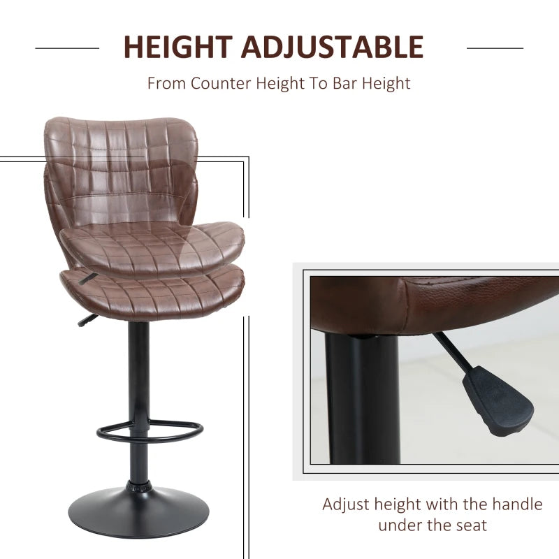Set of 2 Adjustable Height Swivel Bar Stools in Brown PU Leather with Backrest & Footrest - Modern Design