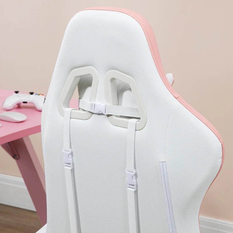 Vinsetto White & Pink Gaming Chair with Footrest, 135° Recline, Lumbar Support, Swivel Wheels - PU Leather Office Desk Chair