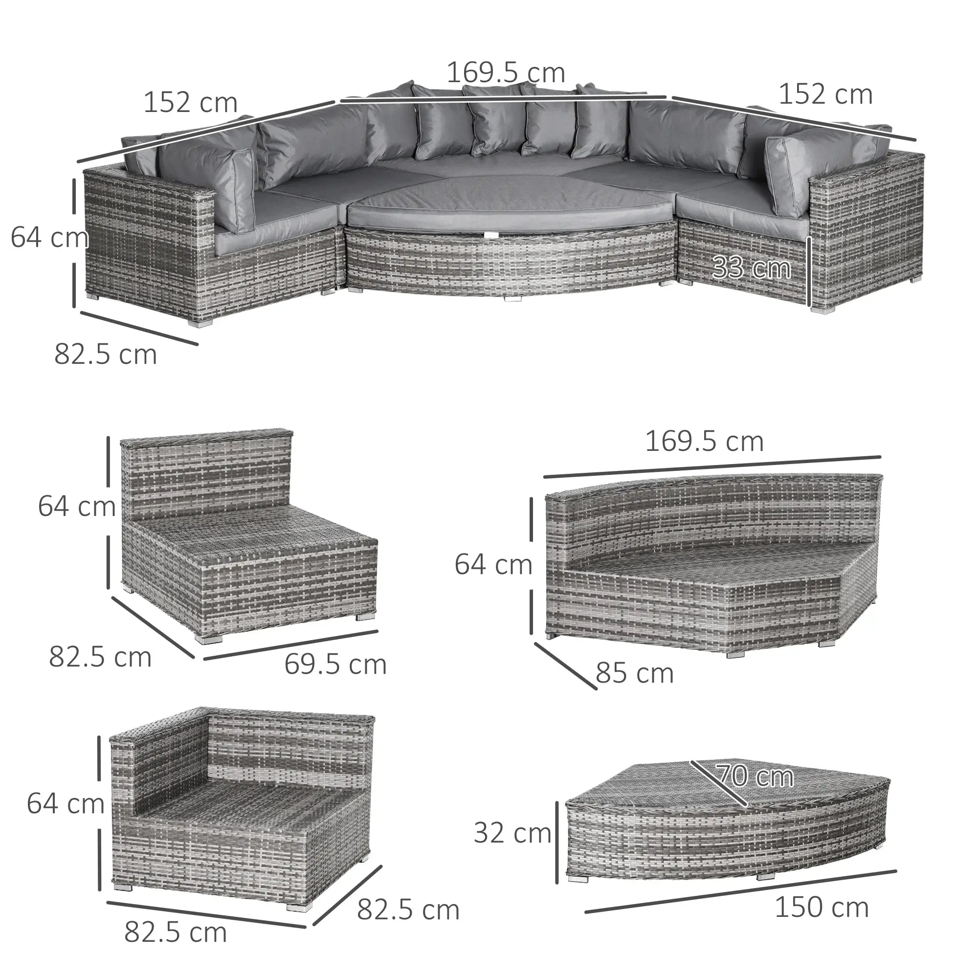 Grey 6-Piece PE Rattan Corner Sofa Set with Padded Cushions, Elegant Half-Round Rattan Corner Furniture