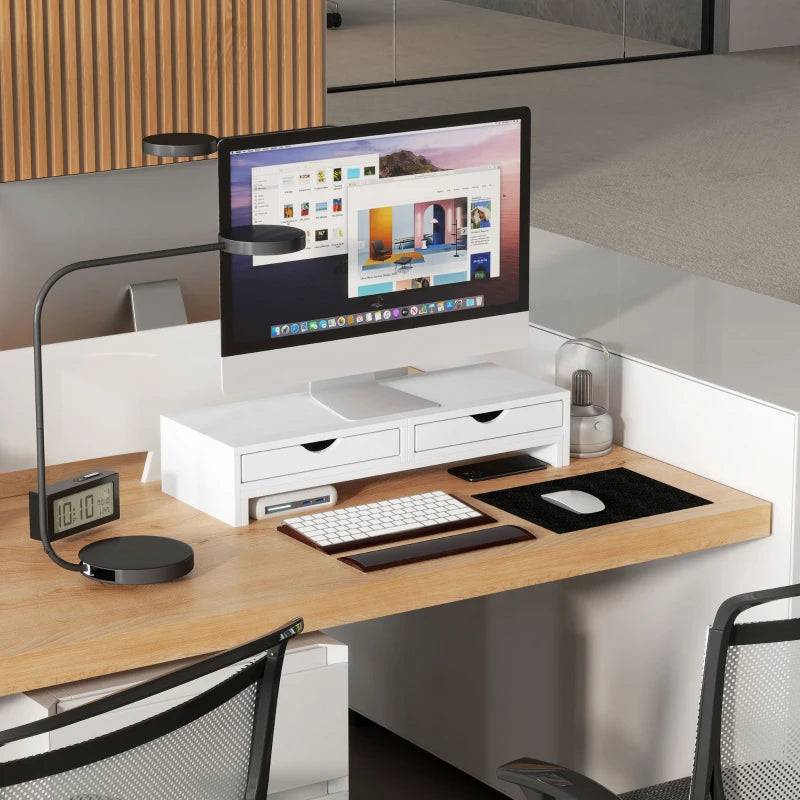 Dual Monitor Stand Riser with 2 Drawers - Adjustable Length & Angle, 116cm for Laptop, PC, Printer - White