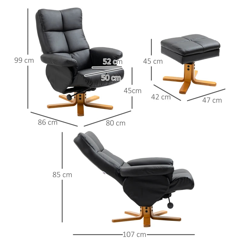 Swivel Reclining Armchair with Ottoman, Faux Leather Chair with Wooden Base and Storage Footstool for Living Room, Black