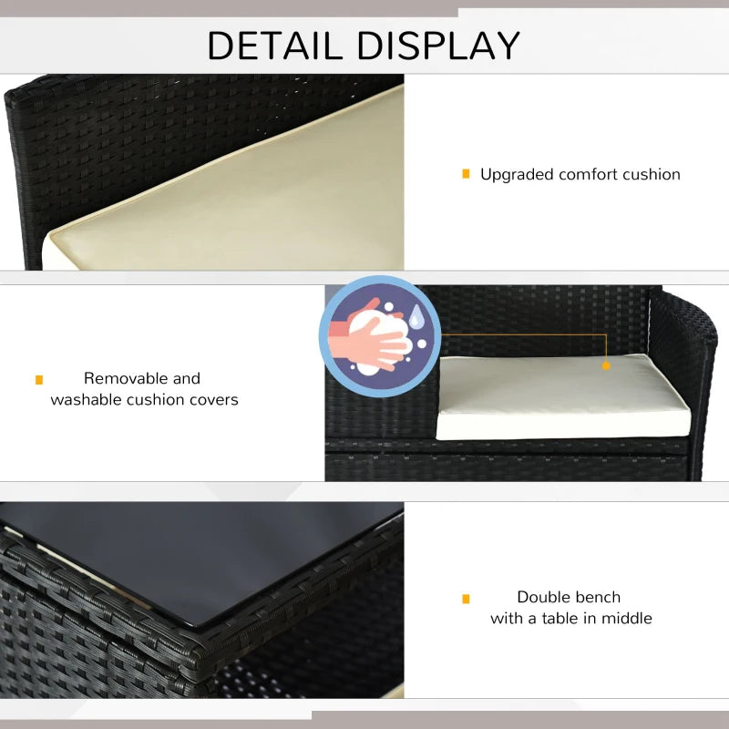 Black Rattan 2-Seater Outdoor Patio Loveseat with Drink Table