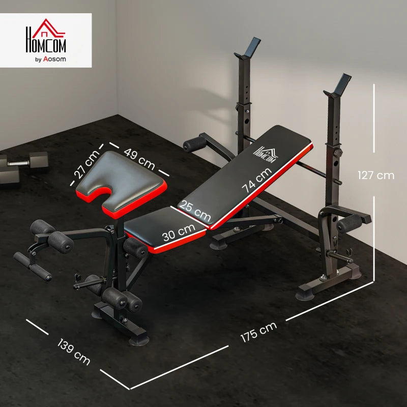 Adjustable Multi-Function Weight Bench with Leg Extension and Barbell Rack for Home Gym Strength Training Red