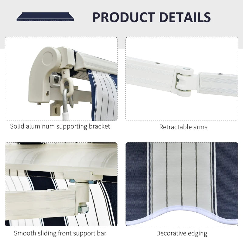 Blue & White Striped Manual Retractable Awning - 3m x 2.5m