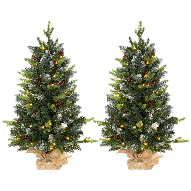 Set of 2 Pre-Lit 3ft Christmas Trees with Berries & Pinecones - Perfect Holiday Decor for Home & Office