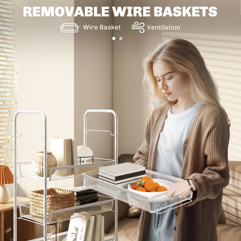 Five-Steel Mesh Storage Trolley with Wheels - Versatile White Basket Organizer for Home, Office, and Kitchen
