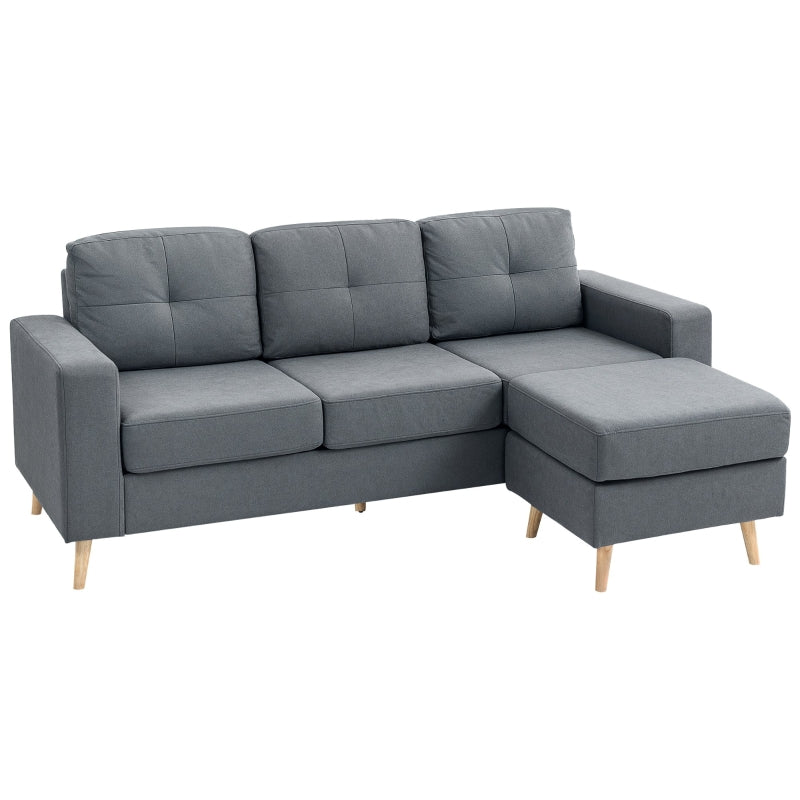 L-Shaped 3 Seater Sofa with Footstool - Fabric Sectional Couch for Small Spaces, Dark Grey, Ideal for Living Room or Office