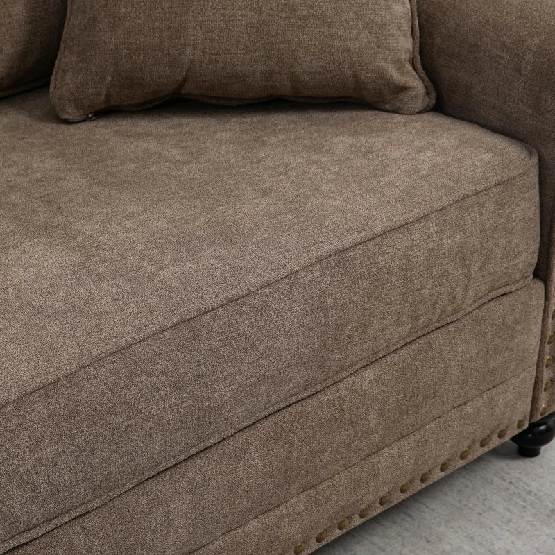 Stylish 3 Seater Fabric Sofa with Rubber Wood Legs and Extra Cushions for Living Room, Brown, 196W x 80.5D x 89H cm