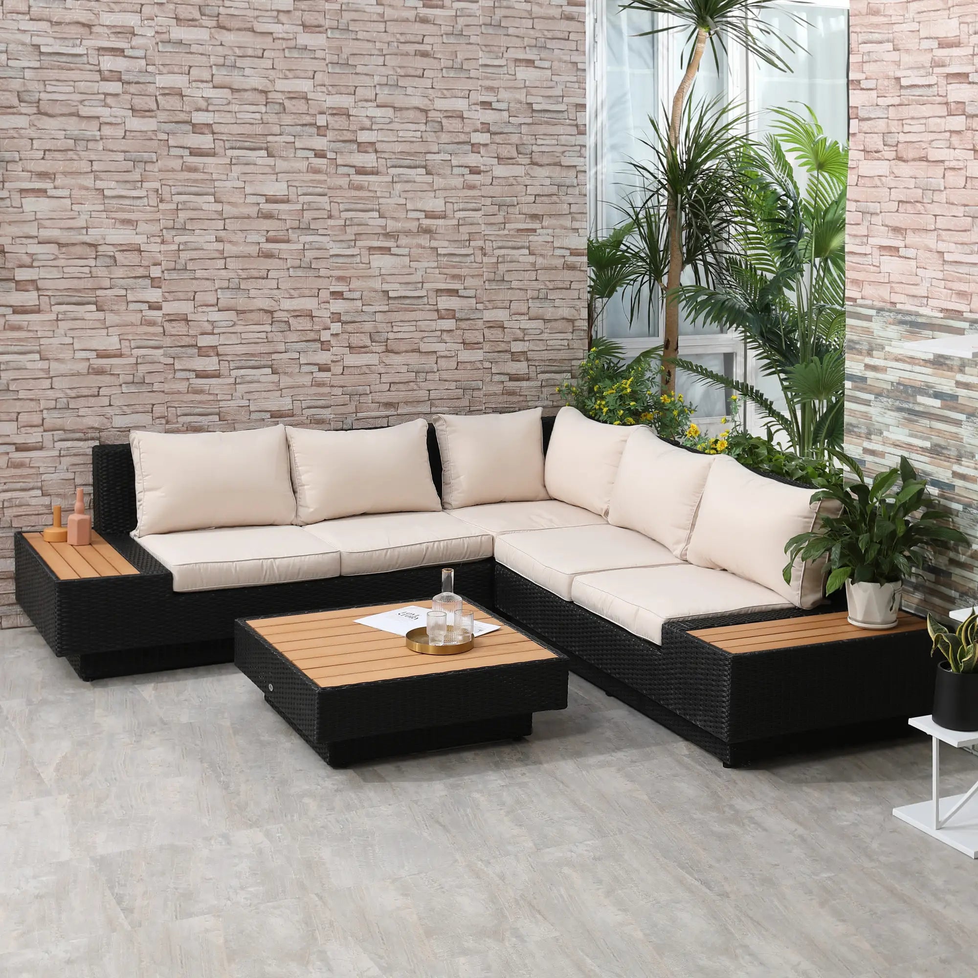 Luxury Black Rattan 4-Piece Outdoor Corner Sofa Set