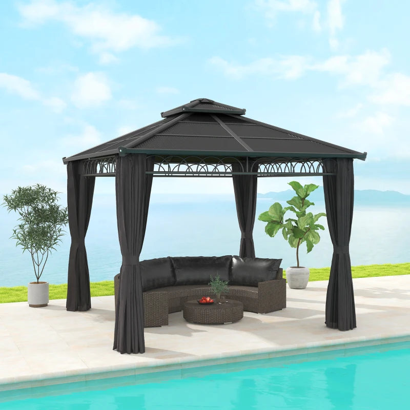 3 x 3 m Dark Grey Outdoor Polycarbonate Gazebo - Double Roof Hard Top with Galvanised Steel Frame, Nettings & Curtains for Garden, Lawn, Patio and Deck